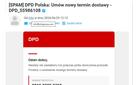 Przykład fałszywej wiadomości. Zaznaczony jest adres mailowy nadawcy, który nie jest w domenie DPD