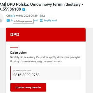 Przykład fałszywej wiadomości. Zaznaczony jest adres mailowy nadawcy, który nie jest w domenie DPD