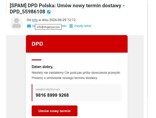 Przykład fałszywej wiadomości. Zaznaczony jest adres mailowy nadawcy, który nie jest w domenie DPD